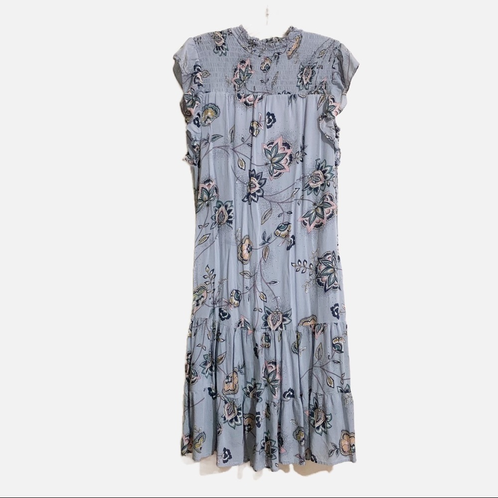 Dr2 Smocked Ruffled High Collar Button Back Blue Floral Maxi Dress. Size small